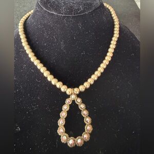 Vintage Gold Toned Beaded Necklace With Crystal Pendant